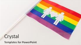  Presentation with lgbt pride flag rainbow flag - Slide deck featuring female couple white paper pictogram background and a sky blue colored foreground