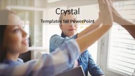  Presentation with coworkers - Audience pleasing presentation design consisting of female coworkers giving high-five at desk in creative office backdrop and a soft green colored foreground