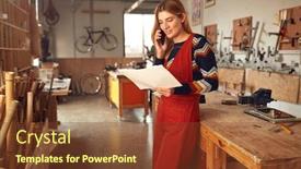  Presentation with craftsman - Slide set featuring female-craftsman-in-carpentry-workshop background and a tawny brown colored foreground