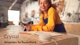  Presentation with using digital tablet - Amazing slide set having female-craftsman-in-carpentry-workshop backdrop and a coral colored foreground