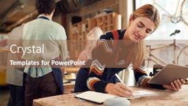  Presentation with using digital tablet - Slide deck enhanced with female-craftsman-in-carpentry-workshop background and a coral colored foreground