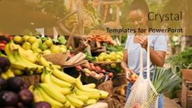  Presentation with market - PPT theme with female-customer-at-market-stall and a gold colored foreground