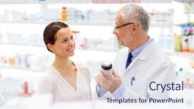  Presentation with drug pharmacy - Amazing slide set having female customer at pharmacy backdrop and a sky blue colored foreground