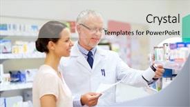  Presentation with drug pharmacy - Presentation featuring female customer at pharmacy background and a light gray colored foreground