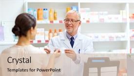  Presentation with drug pharmacy - PPT theme enhanced with female customer at pharmacy background and a lemonade colored foreground