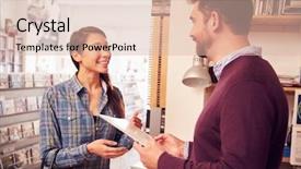  Presentation with record - Colorful PPT theme enhanced with female customer being served backdrop and a lemonade colored foreground