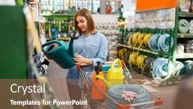  Presentation with tools - PPT theme having female-customer-choosing-tools-shop background and a coral colored foreground