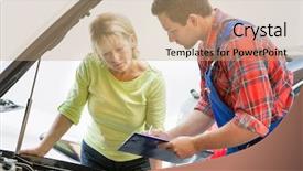  Presentation with female mechanic - Beautiful presentation theme featuring female customer in auto repair backdrop and a coral colored foreground
