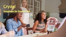  Presentation with credit card - Slides with female customer in restaurant paying background and a violet colored foreground