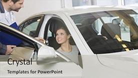  Presentation with female mechanic - Presentation consisting of female customer receiving car key from mechanic in automobile repair shop background and a light gray colored foreground