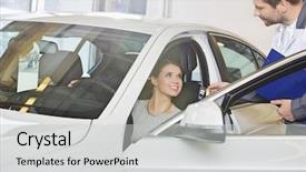  Presentation with female mechanic - Slides having female customer receiving car key background and a light gray colored foreground