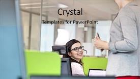  Presentation with customer service lifting the words - Audience pleasing PPT theme consisting of female customer service representative talking backdrop and a  colored foreground