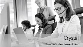  Presentation with customer service - PPT theme with female customer service representative using background and a light gray colored foreground