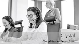  Presentation with customer service - Slides featuring female customer service representative using background and a light gray colored foreground