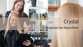  Presentation with hair - Cool new PPT theme with female customer showing hair style backdrop and a soft green colored foreground