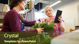  Presentation with digital - Cool new slide set with female customer showing something backdrop and a tawny brown colored foreground