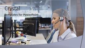  Presentation with support - Audience pleasing PPT layouts consisting of female customer support phone operator backdrop and a light blue colored foreground