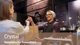  Presentation with food service - Audience pleasing PPT theme consisting of female customer taking paper bag backdrop and a coral colored foreground