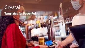  Presentation with contactless - PPT theme featuring female-customer-wearing-mask background and a tawny brown colored foreground