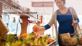  Presentation with farm - Audience pleasing slide set consisting of female customer with shopping basket buying fresh oranges in organic farm shop backdrop and a coral colored foreground