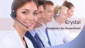  Presentation with call center - Beautiful PPT theme featuring female customers - attractive positive young businesspeople backdrop and a coral colored foreground