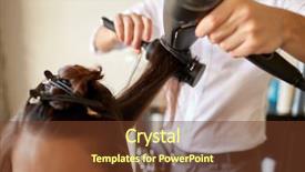  Presentation with hair brush - Colorful PPT theme enhanced with female customers - beauty hairstyle blow-dry and people backdrop and a tawny brown colored foreground