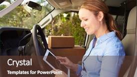  Presentation with delivery van - Theme consisting of female delivery driver sitting in van using digital tablet background and a tawny brown colored foreground