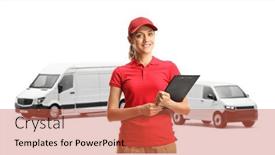  Presentation with worker - PPT theme enhanced with female-delivery-worker-holding background and a red colored foreground