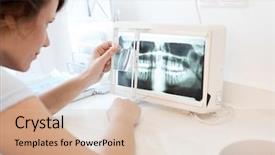  Presentation with heal - PPT theme featuring female dental surgeon studying dental background and a soft green colored foreground