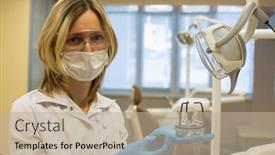  Presentation with dental laboratory - Slides with female dentist doctor holding alcohol burner or spirit lamp in dental clinic laboratory equipment medicine and science stomatology and healthcare concept background and a mint green colored foreground