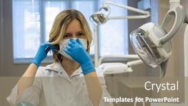  Presentation with surgical dental - PPT layouts consisting of female dentist doctor puts on a surgical mask or sterile procedure mask on his face in dental office laboratory equipment medicine and science stomatology and healthcare concept background and a gray colored foreground