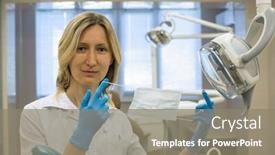  Presentation with surgical dental - PPT layouts having female dentist doctor shows a surgical mask or sterile procedure mask on his face in dental office laboratory equipment medicine and science stomatology and healthcare concept background and a gray colored foreground
