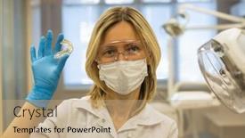  Presentation with dental laboratory - Audience pleasing slide deck consisting of female dentist doctor shows a removable orthodontic teeth alignment and correction trainer appliance in dental office laboratory equipment medicine and science stomatology and healthcare concept backdrop and a coral colored foreground