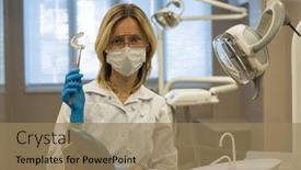  Presentation with correction - Cool new slide set with female dentist doctor shows a removable orthodontic teeth alignment and correction trainer appliance in dental office backdrop and a coral colored foreground