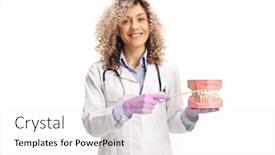  Presentation with jaw - PPT theme consisting of female-dentist-holding-a-model background and a white colored foreground