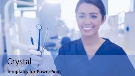  Presentation with dentist - Slide set featuring female dentist holding dental tools background and a teal colored foreground