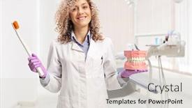  Presentation with jaw - Slides consisting of female-dentist-holding background and a light gray colored foreground