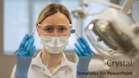  Presentation with dental office - Theme having female-dentist-in-glasses background and a coral colored foreground