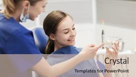  Presentation with patient care - Beautiful PPT theme featuring female dentist showing jaw layout backdrop and a soft green colored foreground