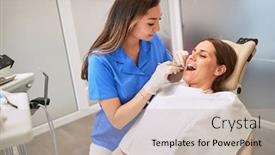  Presentation with dental - PPT theme having female-dentist-treating-woman background and a mint green colored foreground
