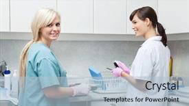  Presentation with medical assistant - Presentation theme having female dentist with assistant cleaning background and a light blue colored foreground