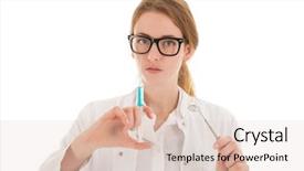  Presentation with dental anesthesia - Slide deck having female dentist with injection needle background and a  colored foreground