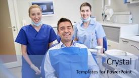  Presentation with patient care - Cool new slide set with female dentists with man patient backdrop and a light blue colored foreground