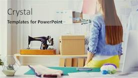  Presentation with architects - PPT theme having female-designer-in-office-working background and a light gray colored foreground