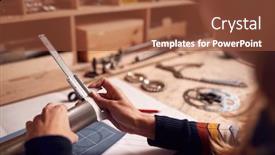  Presentation with components - Cool new theme with female-designer-in-workshop-looking backdrop and a tawny brown colored foreground