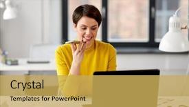  Presentation with design - Theme enhanced with female designer with laptop computer background and a yellow colored foreground