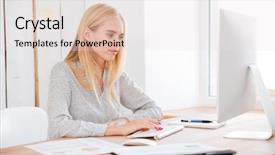  Presentation with woman office desk - Presentation theme consisting of female desk - attractive smiling blonde business woman background and a  colored foreground