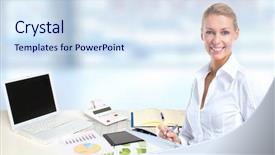  Presentation with business proposal blue - Colorful presentation theme enhanced with female desk - beautiful young business woman backdrop and a  colored foreground