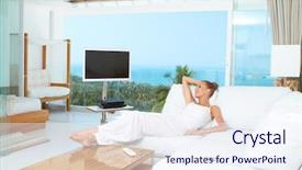  Presentation with bare breasted woman - Presentation having female desk - woman relaxing on a sofa background and a sky blue colored foreground