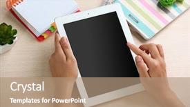  Presentation with how to level up engagement digital workplace gamification - Presentation design featuring female desk - woman using digital tablet background and a coral colored foreground